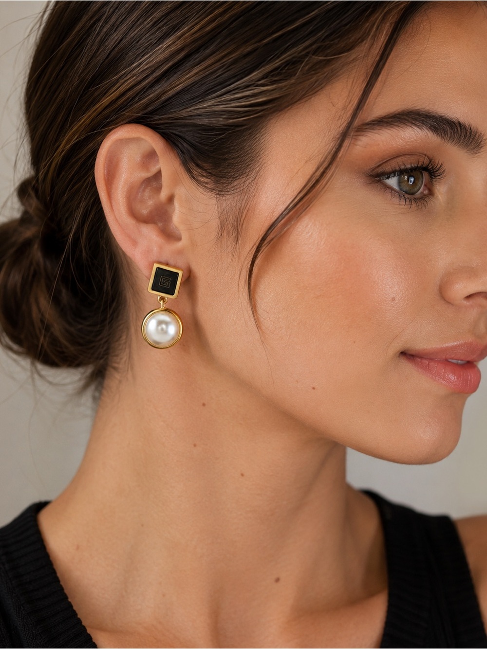 Vintage Givenchy Gold Tone Faux Pearl Drop Earrings Black Enamel Statement - Picture 2 of 11